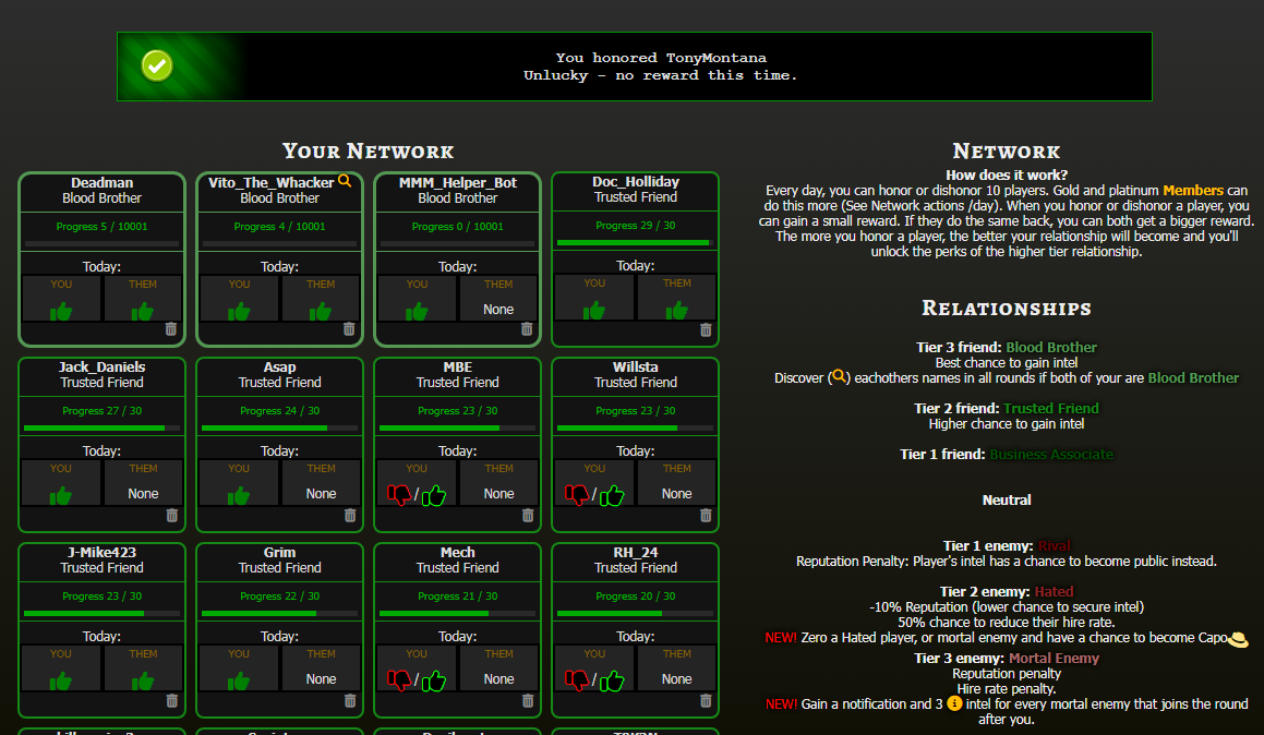 Build your criminal network in this online mafia game.  Screenshot of Made Man Mafia Network page and result of honoring a player