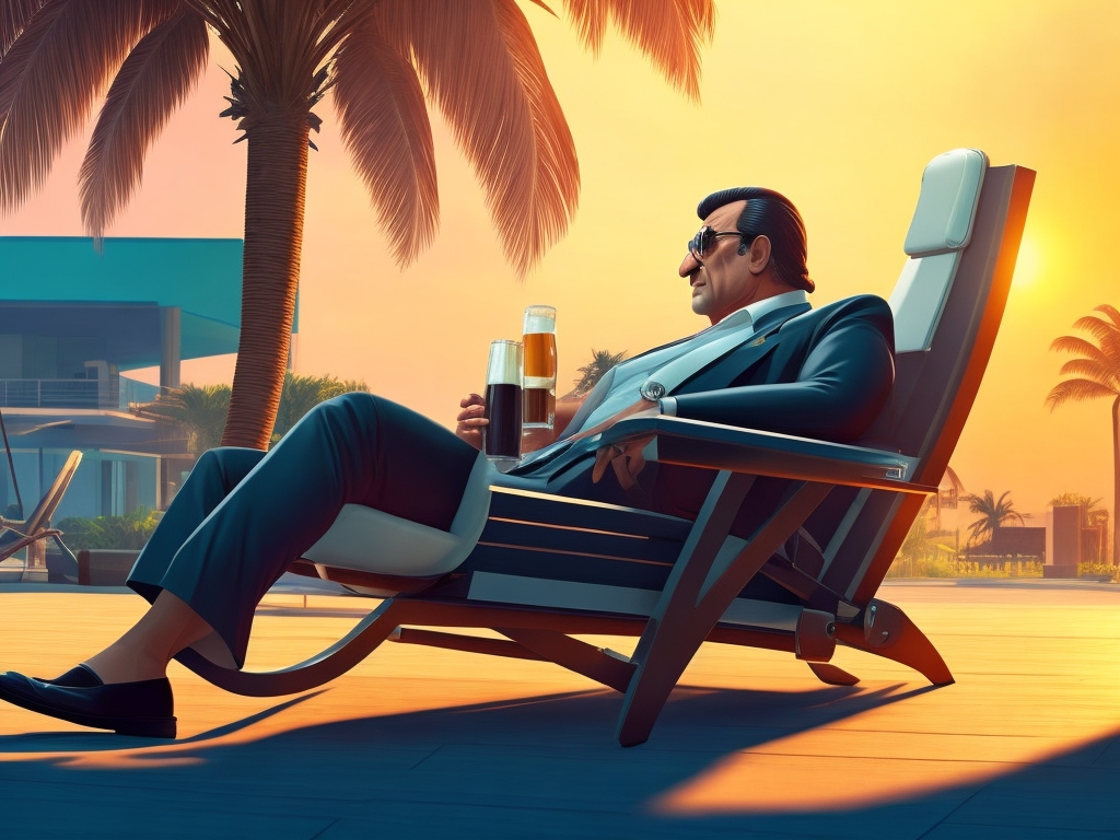 Mafioso relaxing on a Miami Beach with a beer.  Made Men can now put their feet up in the permanent round (Made Man Mafia)