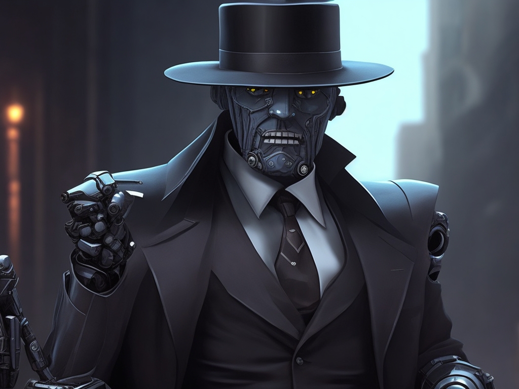 A robot posing as a Mafia Boss wearing a hat and suit.