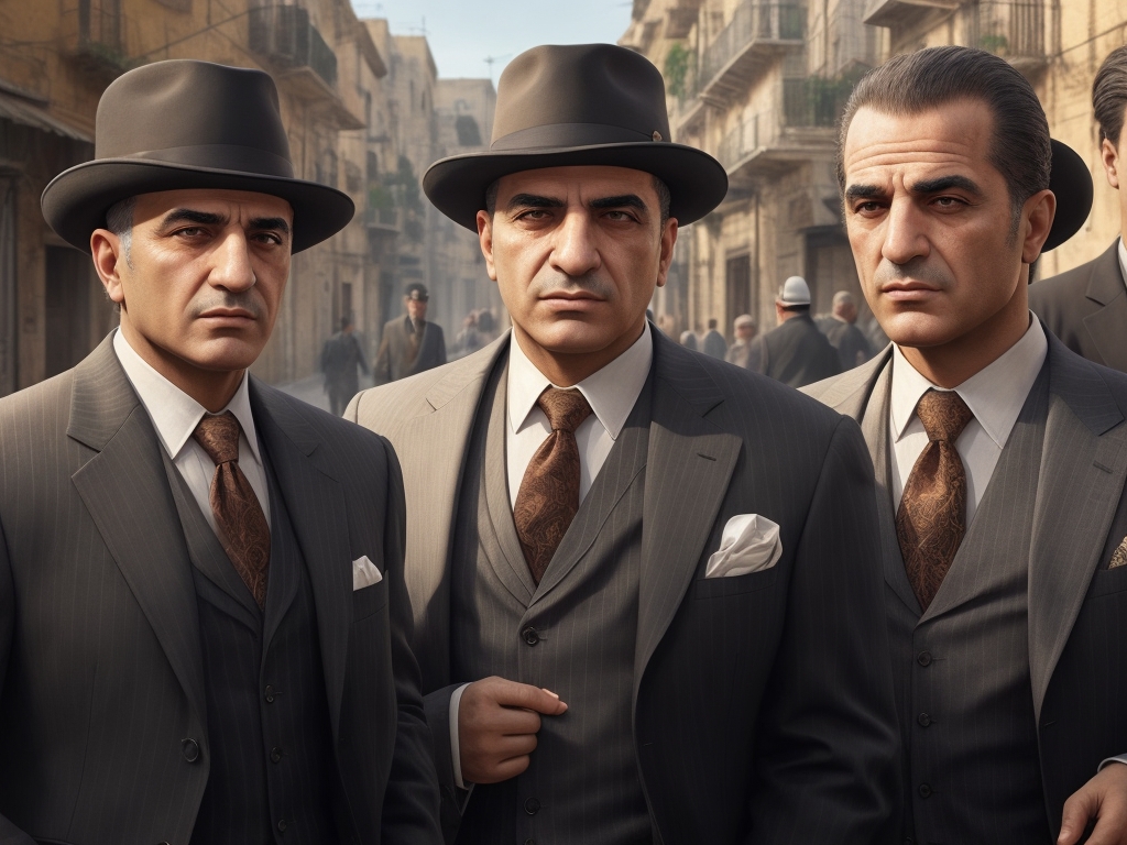 Sicilian mobsters on a city street, real Mafia bosses in Italy