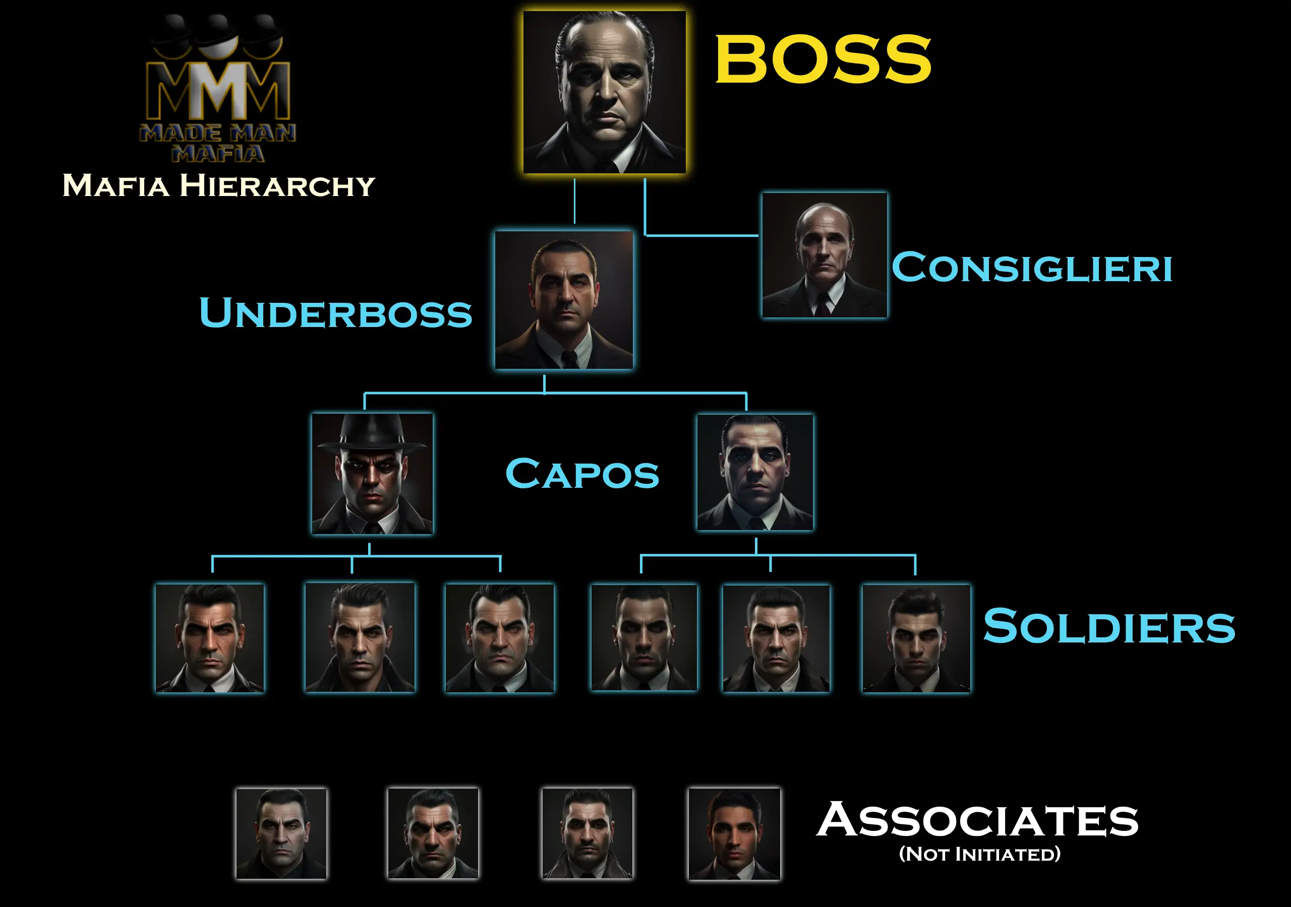 Graphical representation of the Organization and hierarchy of the Mafia, Mafia ranks, and associates of the Mafia.