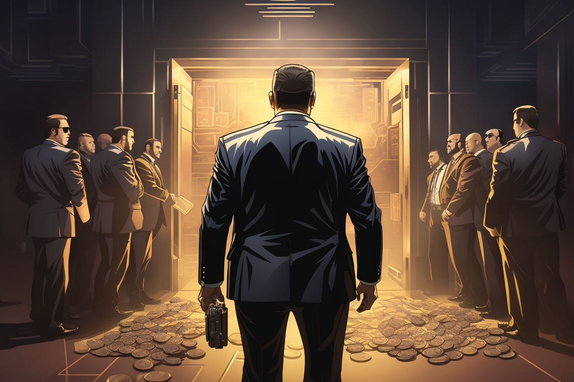 Mobster walking into guarded bank vault with a bag of loot.  Family bank introduction in Made Man Mafia online game.