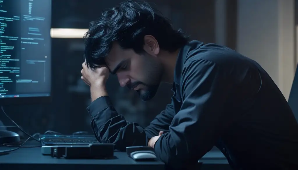 A dark haired coder in a downcast mood sitting in front of a workstation with head in hands - Made Man Mafia Blog