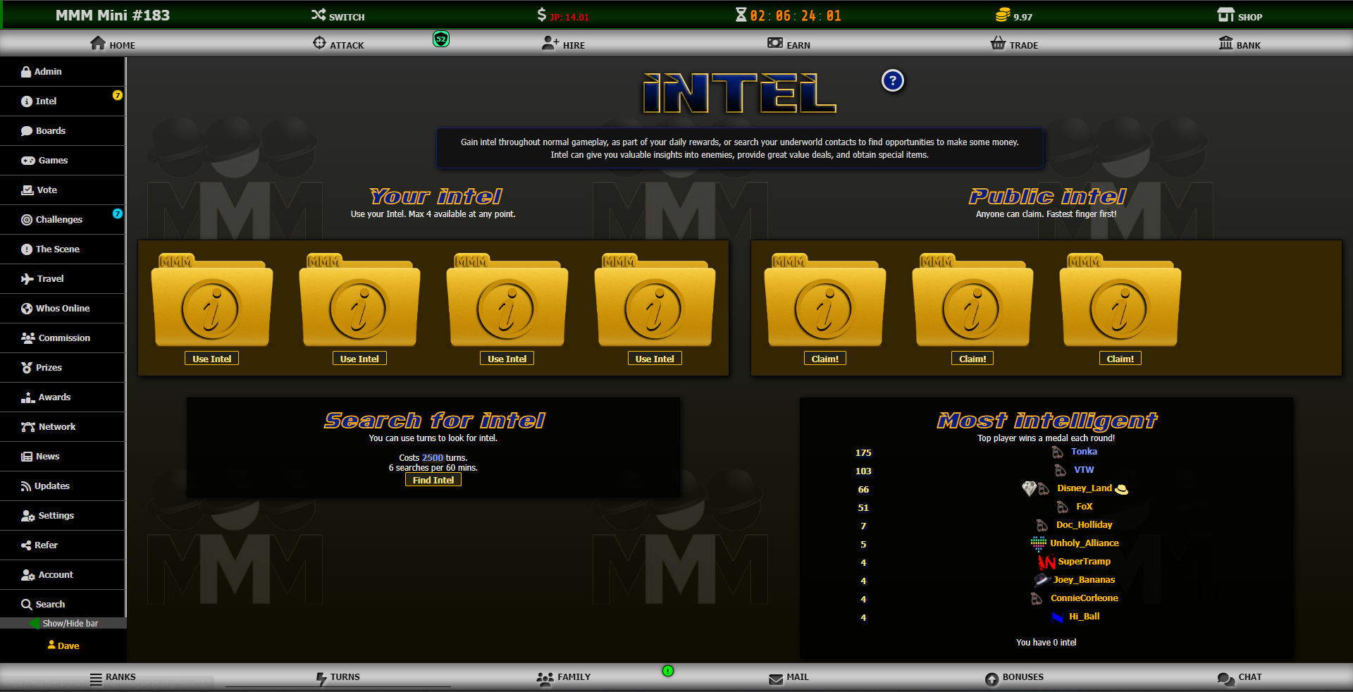 Screenshot of the Intel page on Made Man Mafia.  Collect folders of intel and progress in this online mafia browser game.