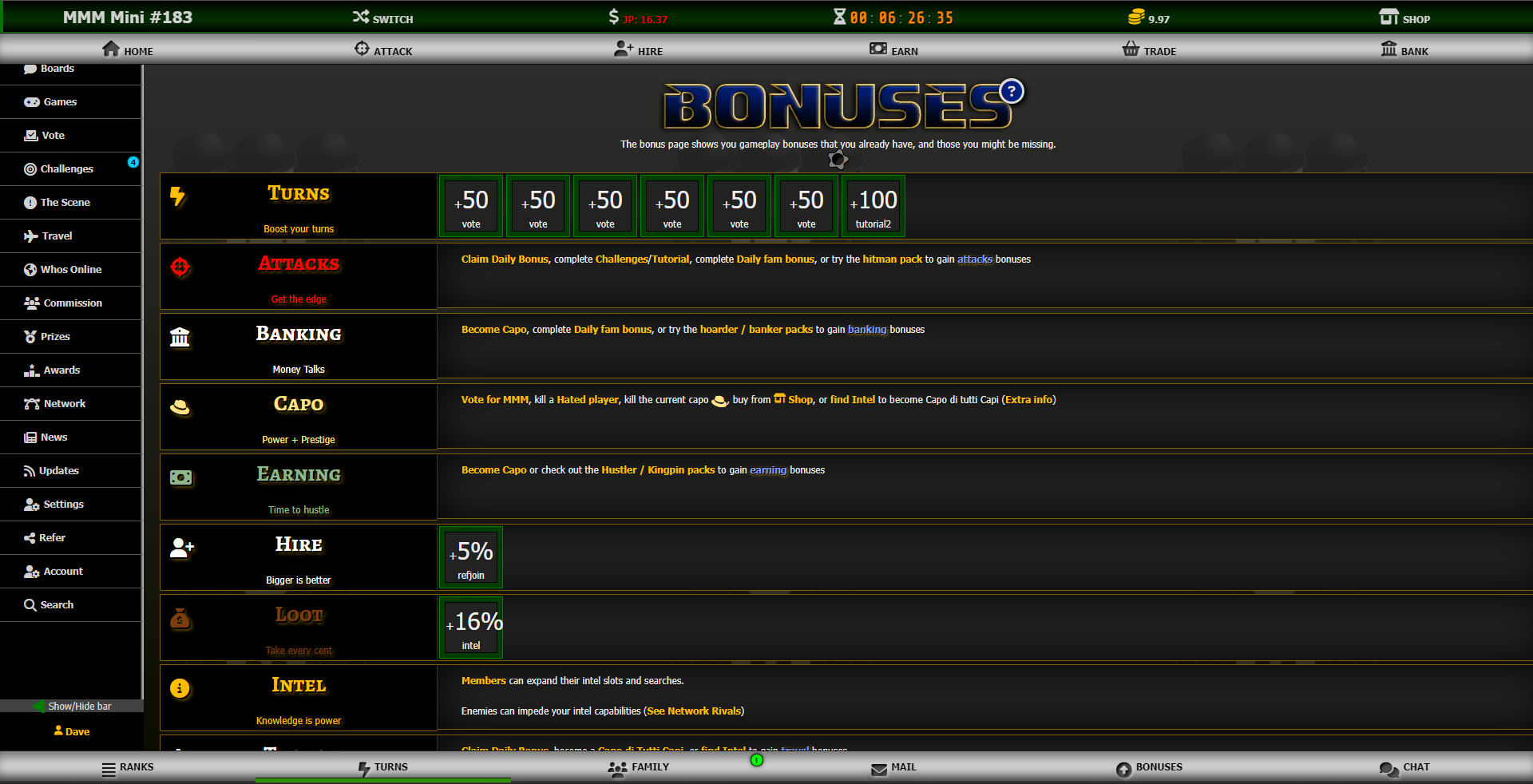 Made Man Mafia online mafia game. Gameplay screenshot of bonuses page displaying a rich bonus system of stacking bonuses