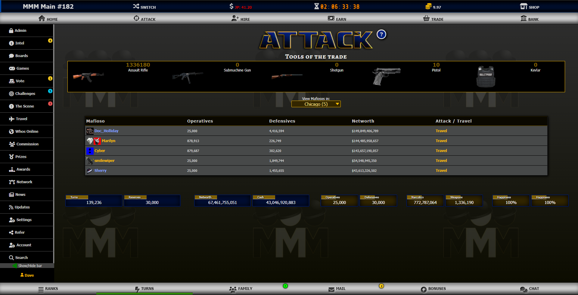 browser RPG gameplay screenshot of finding targets to attack and displaying the weapons and defense available in Made Man Mafia, one of the best browser gangster games online
