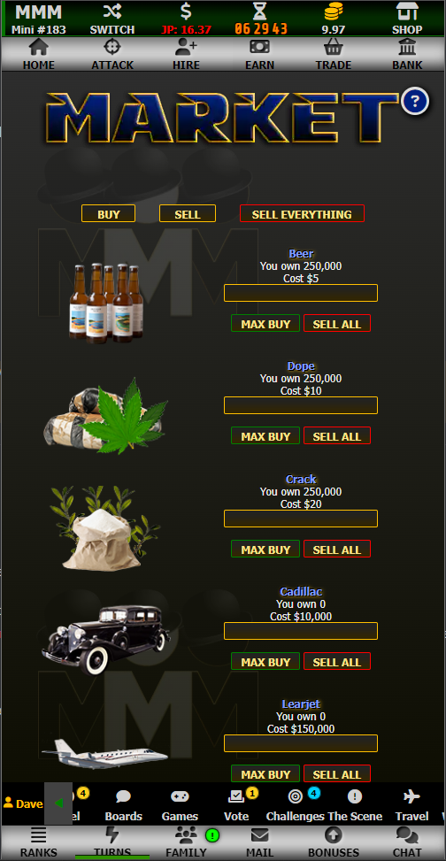 gameplay screenshot of market page with game weapons, game vehicles, and game narcotics in Made Man Mafia, one of the best browser mafia games online