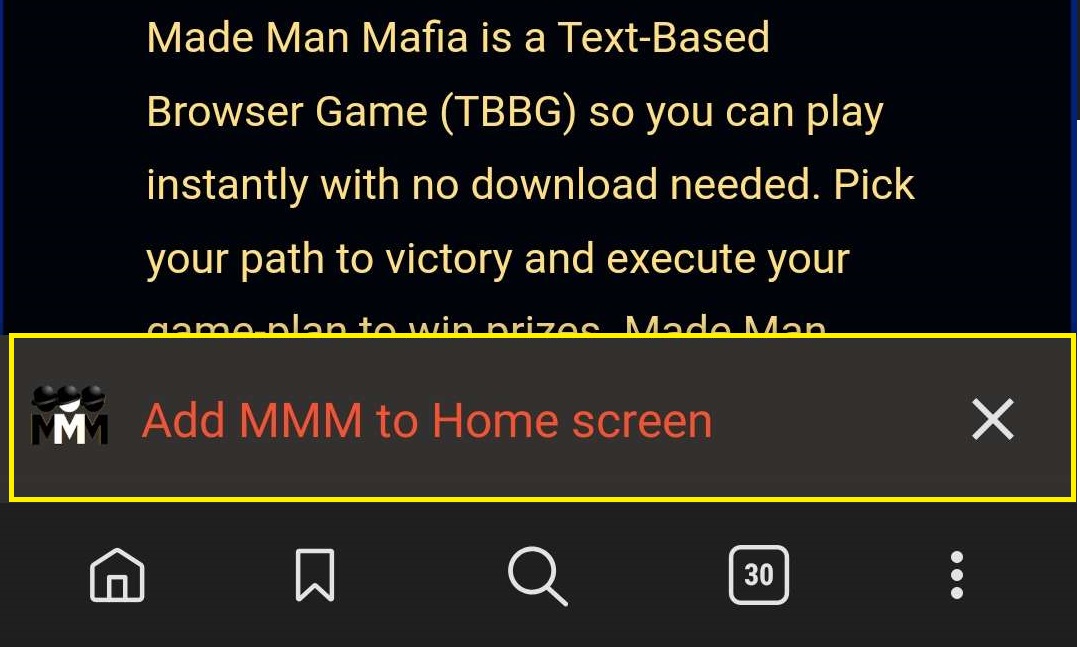 Screenshot of step 1 installing Made Man Mafia PWA shortcut for android mobile devices