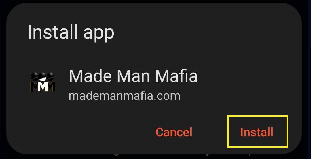Screenshot of step 2 installing Made Man Mafia PWA shortcut for android mobile devices