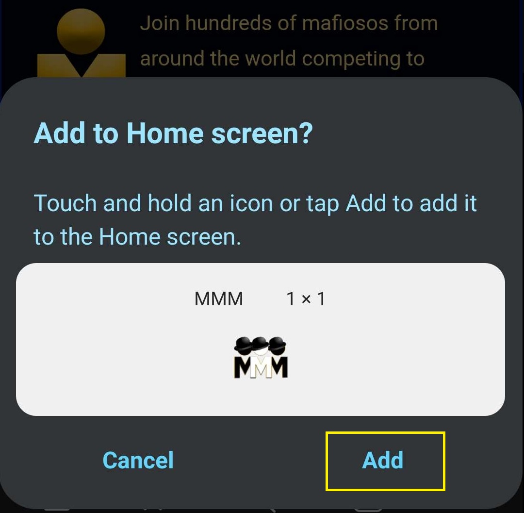 Screenshot of step 3 installing Made Man Mafia PWA shortcut for android mobile devices