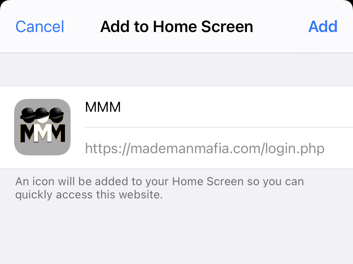 Screenshot of step 3 installing Made Man Mafia PWA shortcut for iOS mobile devices